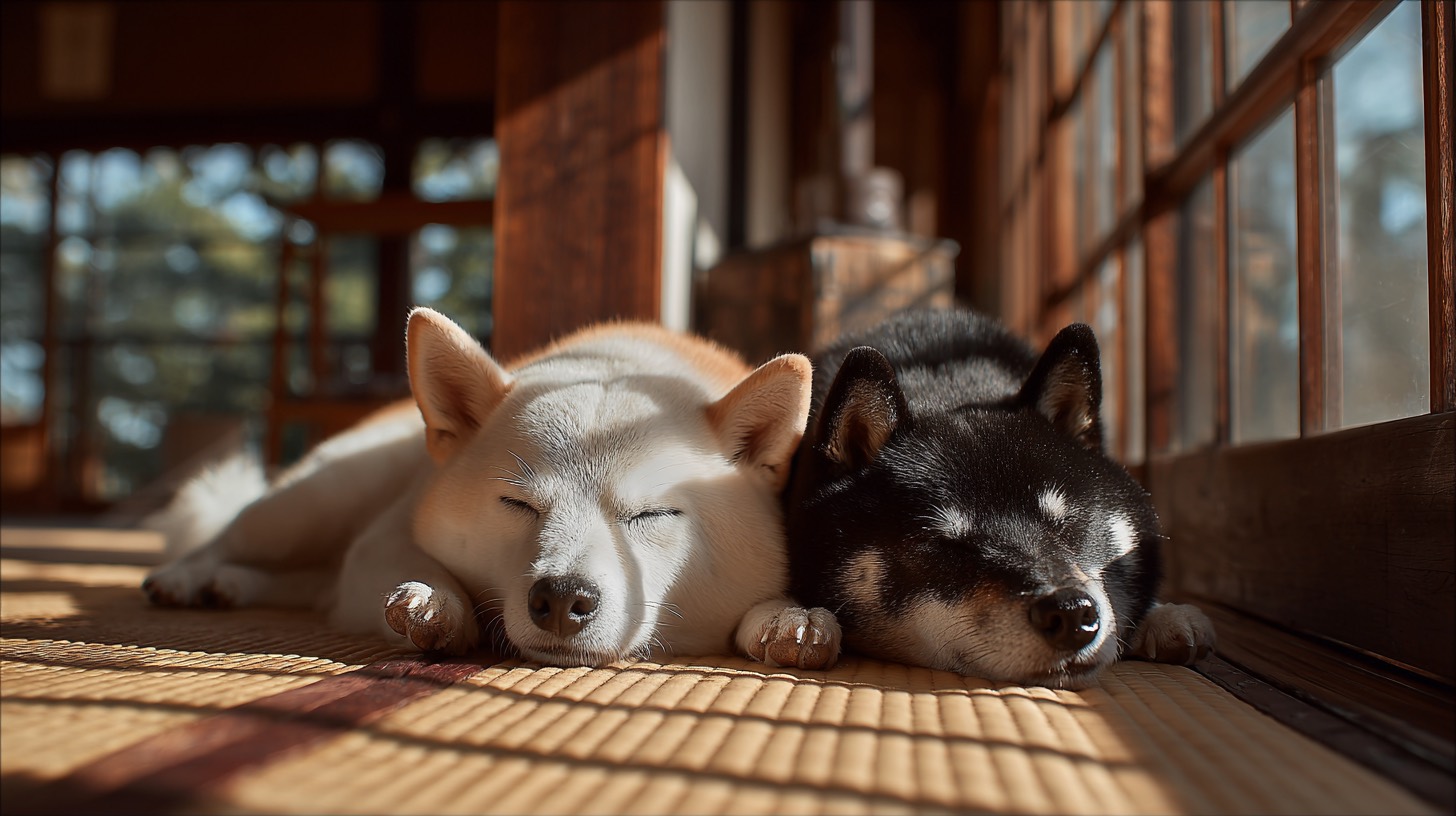 縁側で寄り添う柴犬たち